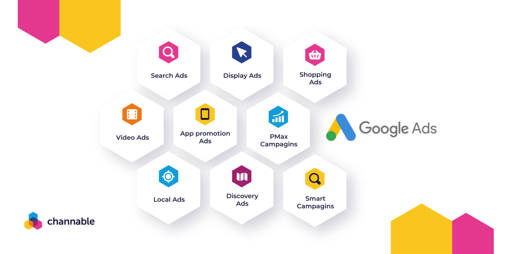 Examples of Google Ads campaign types including search and display ads